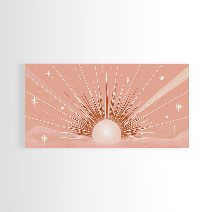 Radiant Peach Sunrise Wall Art, Celestial Sun Rays And Stars, Boho Canvas Print, Dreamy Nursery Decor, Calming Above Bed Art