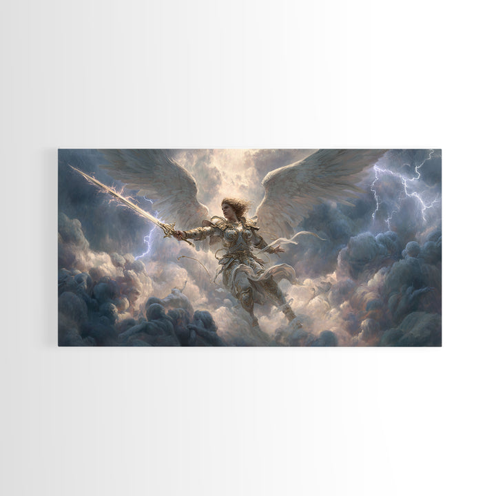 Warrior Angel With Sword Framed Canvas Print, Fantasy Wall Art, Christian Artwork, Storm Clouds, Gift For Him Or Her, Fine Art Print