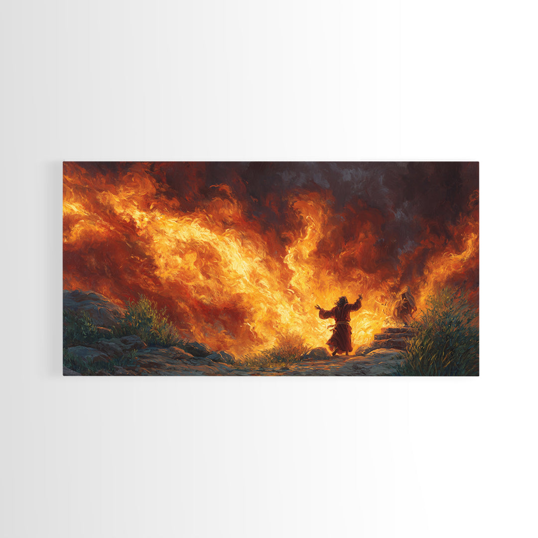 Prophet Before Roaring Flames Canvas Print, Biblical Fire Wall Art, Dramatic Spiritual Prayer Room Decor, Christian Gift For Him