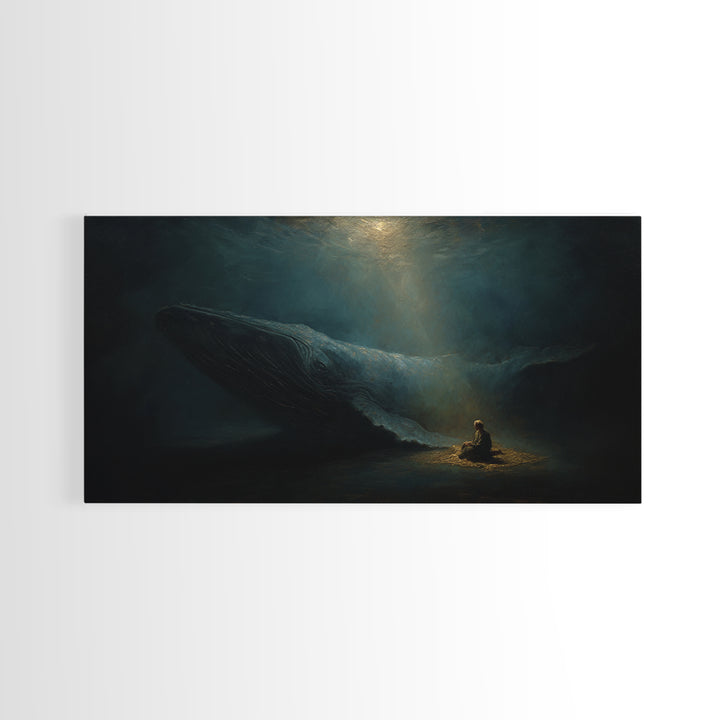 Mystic Whale And Tiny Kayaker Wall Art, Surreal Ocean Canvas Print, Moody Sea Life Decor For Bedroom Or Office Wall Decor