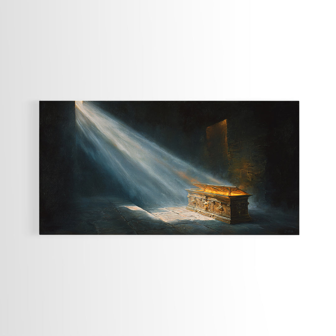 Golden Ark In Sacred Shadow Framed Canvas Print, Biblical Wall Art, Dark Academia Decor, Spiritual Housewarming Gift For Her