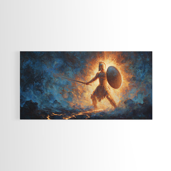 Ancient Shield Maiden In Fiery Blue Mist Canvas Print, Fantasy Warrior Wall Art, Mythological Decor, Gift For Him Or Her