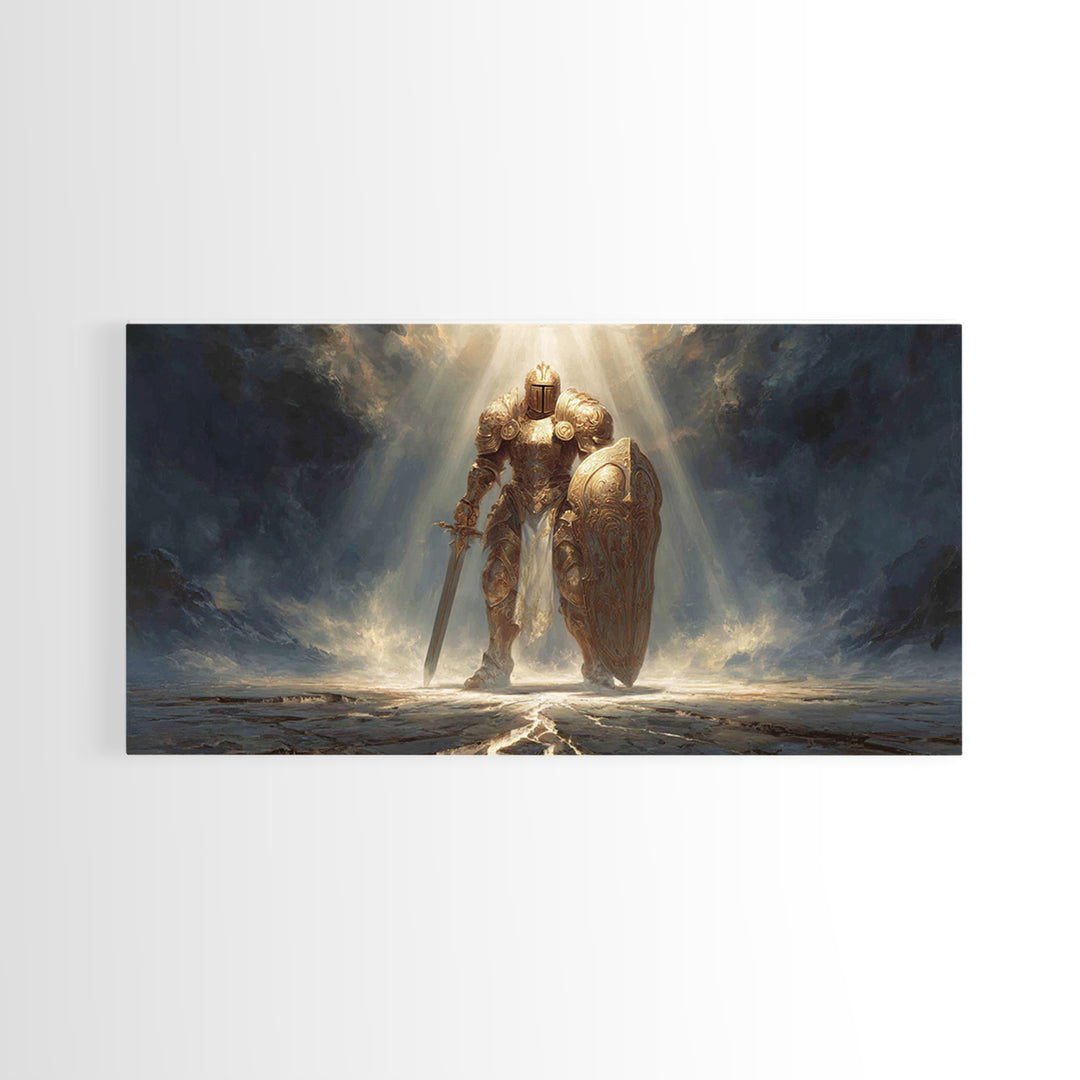 Golden Knight In Storm Light Framed Canvas Print, Epic Fantasy Warrior Large Wall Decor, Medieval Armor Art, Gift For Him