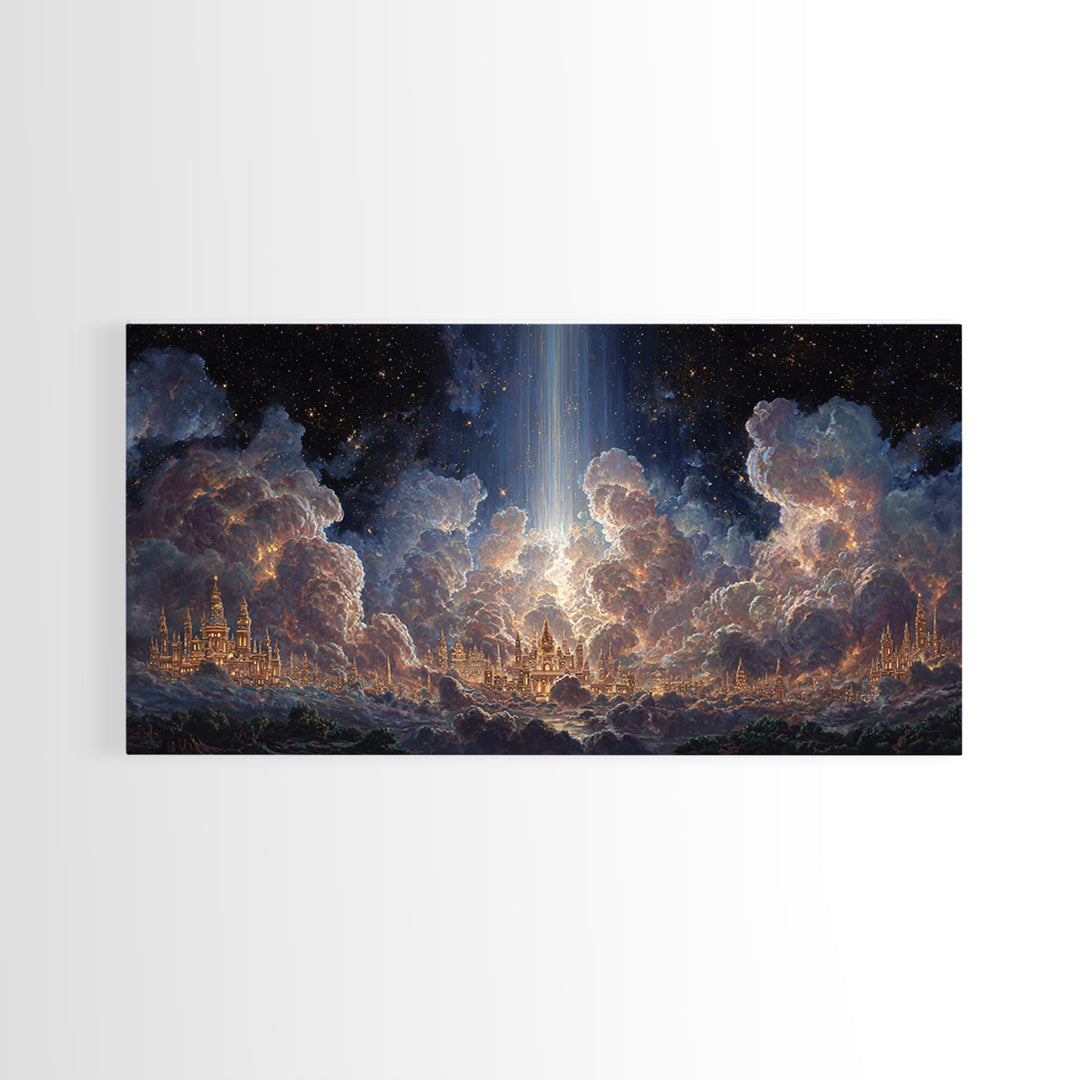 Heavenly Cloud City With Star Beam Canvas Print, Celestial Fantasy Art, Large Wall Decor, Spiritual Home Decor Gift For Her