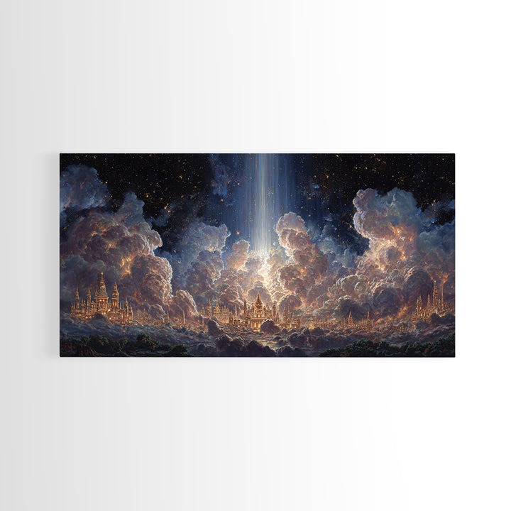 Heavenly Cloud City With Star Beam Canvas Print, Celestial Fantasy Art, Large Wall Decor, Spiritual Home Decor Gift For Her