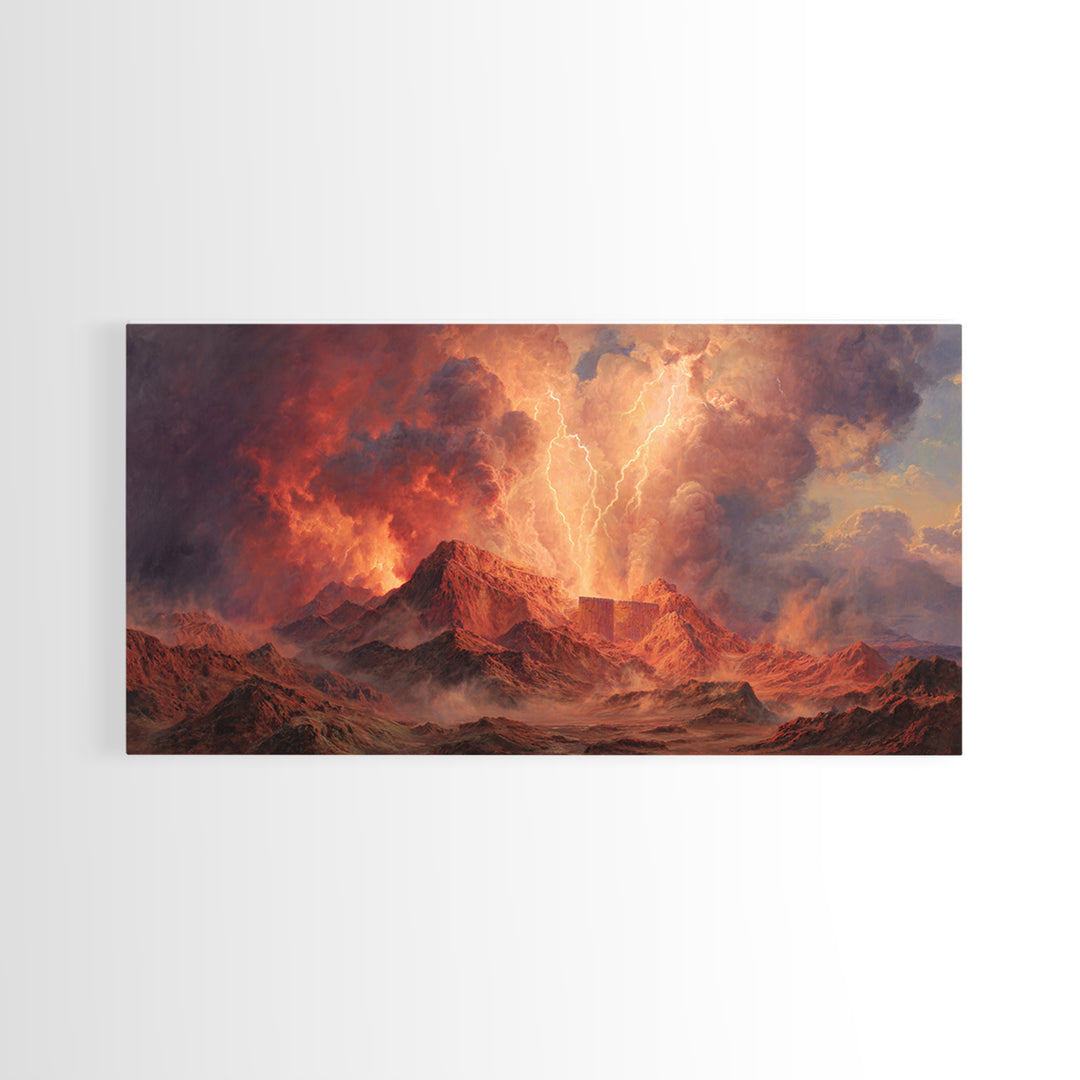 Fiery Mountain Storm With Lightning Over Red Peaks Framed Canvas Print, Dramatic Landscape Wall Art, Large Modern Art, Office Decor