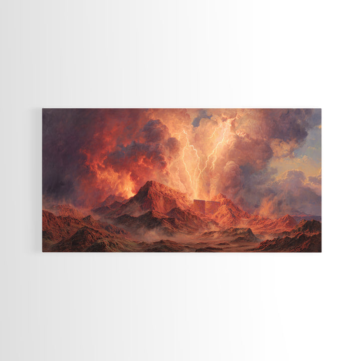 Fiery Mountain Storm With Lightning Over Red Peaks Framed Canvas Print, Dramatic Landscape Wall Art, Large Modern Art, Office Decor