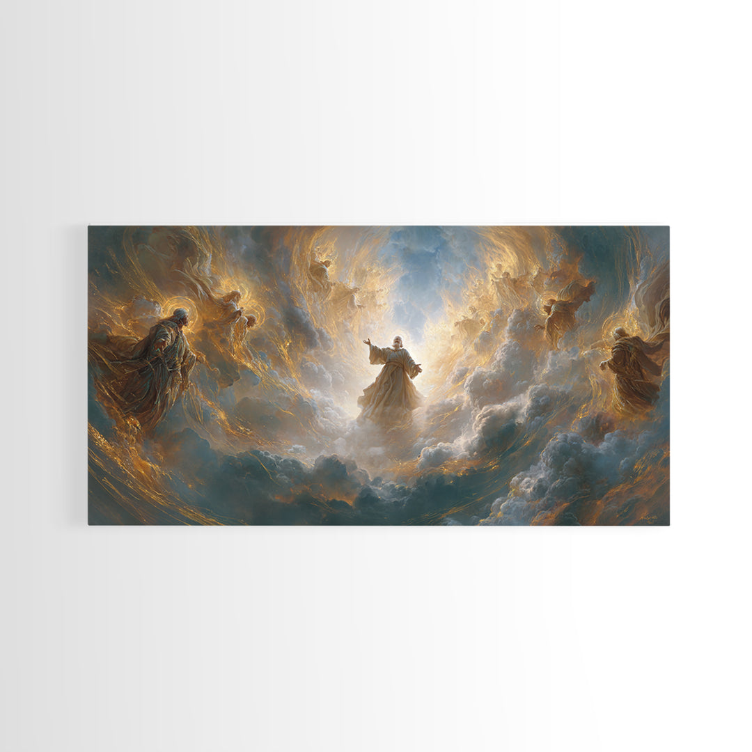 Angels And Divine Figure In Luminous Clouds Framed Canvas Print, Spiritual Wall Art, Religious Decor, Christian Gift Idea