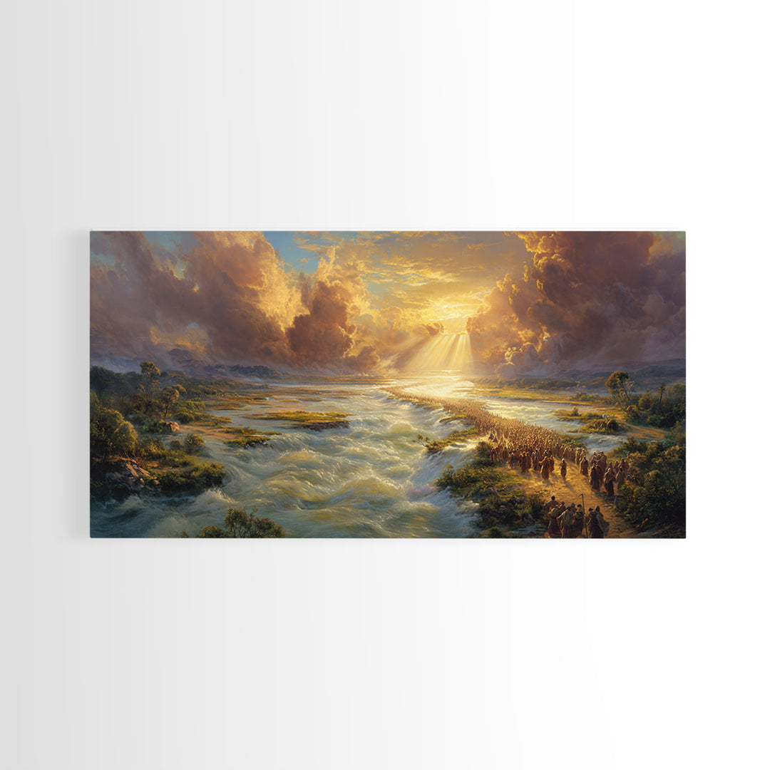 Exodus River Crossing Canvas Print, Golden Biblical Landscape Painting, Christian Wall Decor, Housewarming Gift For Living Room