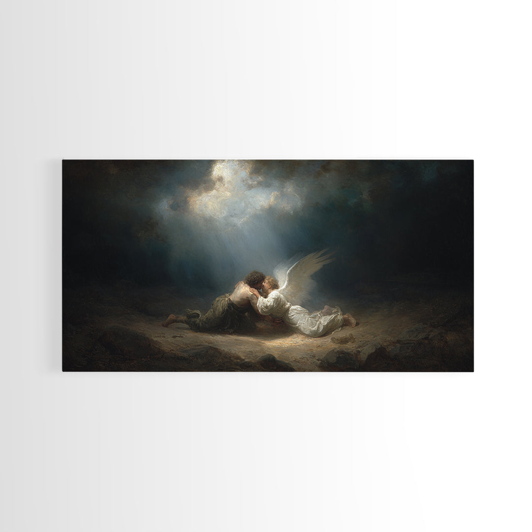 Angel Embracing Fallen Man Wall Art, Dark Baroque Canvas Print, Religious Fine Art, Spiritual Gothic Home Decor Gift For Her