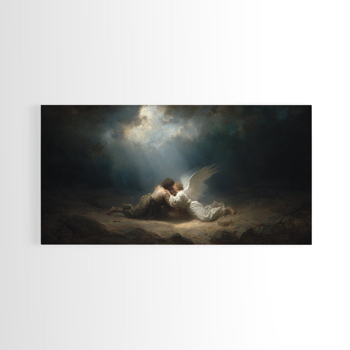 Angel Embracing Fallen Man Wall Art, Dark Baroque Canvas Print, Religious Fine Art, Spiritual Gothic Home Decor Gift For Her