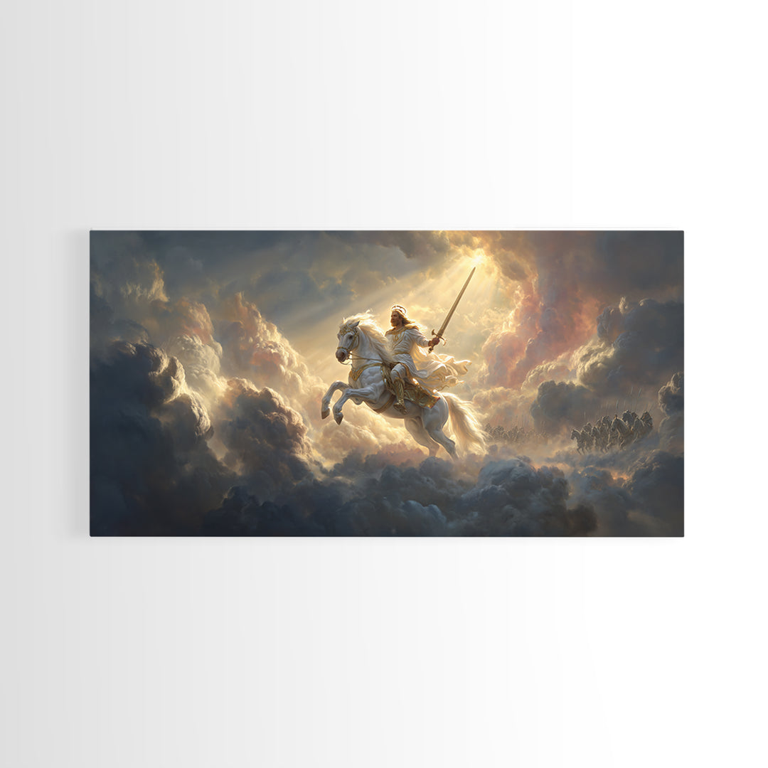 Heavenly Knight On White Horse Framed Canvas Print, Cloud Warrior Fantasy Art, Christian Wall Art, Epic Gift For Him, Living Room Decor