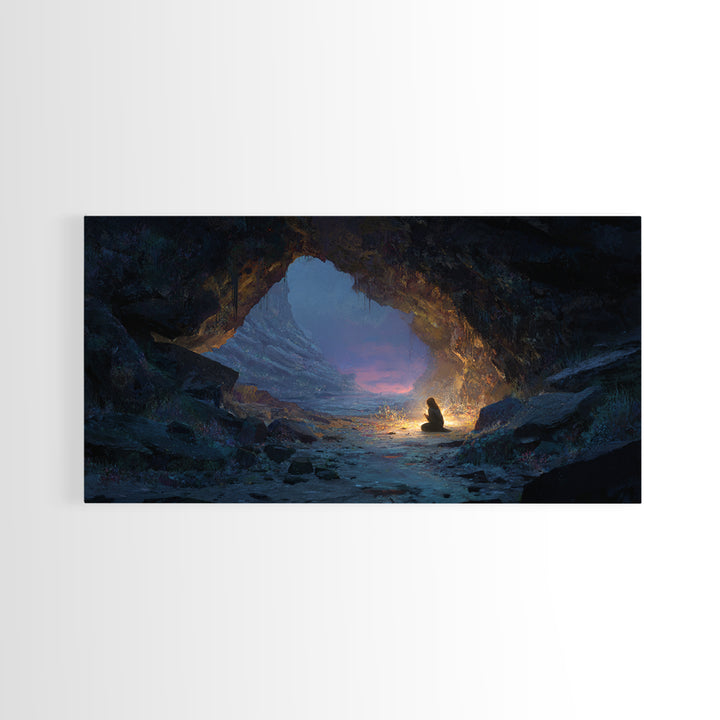 Meditating Figure In Mountain Cave Framed Canvas Print, Mystical Landscape Wall Decor, Zen Fantasy Art For Home And Office Decor