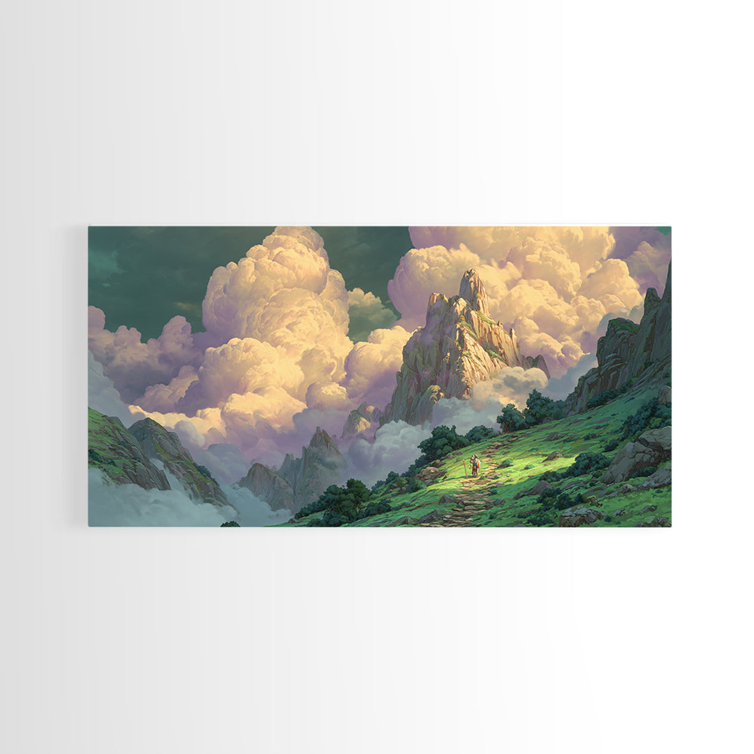 Sunlit Fantasy Mountain Kingdom Wall Art, Whimsical Cloud Landscape Canvas Print, Dreamy Nature Decor For Nursery And Bedroom