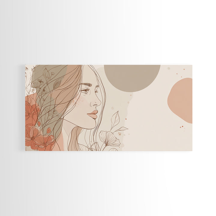Elegant Woman Profile Wall Art, Floral Line Drawing, Feminine Canvas Print, Neutral Boho Bedroom Decor, Gift For Her, Modern Home Decor