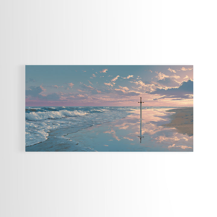 Ocean Sunrise Cross On Wet Sand Framed Canvas Print, Christian Wall Art, Coastal Beach Decor, Peaceful Seascape Art Gift