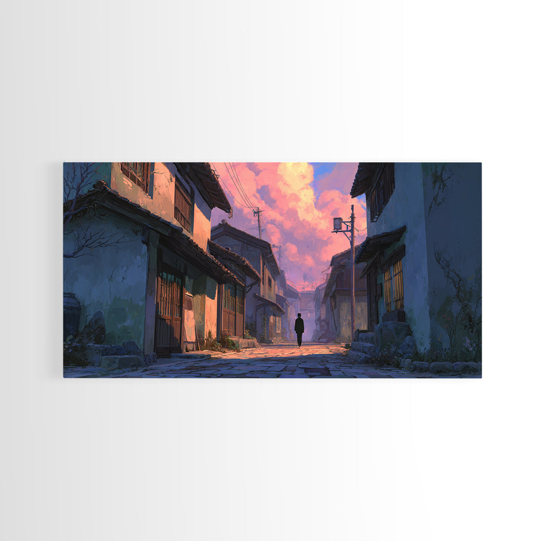 Japanese Twilight Alley Wall Art, Anime Inspired Canvas Print, Moody Urban Landscape, Japandi Decor For Home Office And Gift