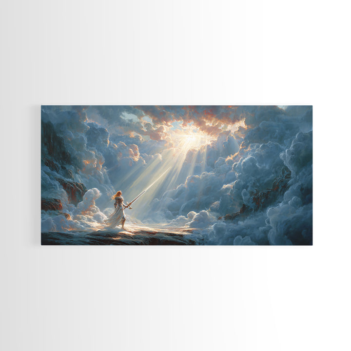 Angel Warrior In Heavenly Clouds Framed Canvas Print, Fantasy Woman Art, Divine Light Wall Decor, Spiritual Gift For Her