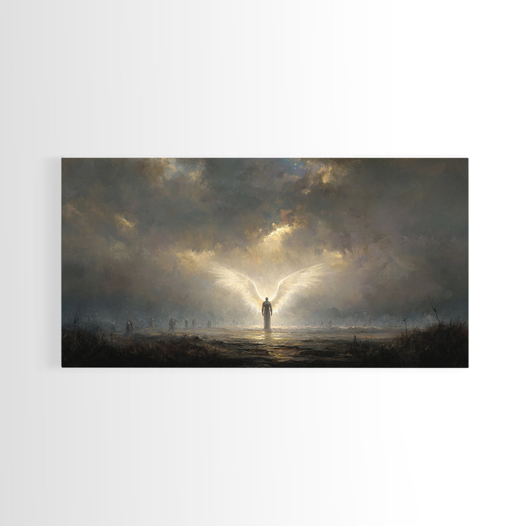 Radiant Angel In Storm Wall Art, Dark Fantasy Spiritual Canvas Print, Moody Religious Decor For Prayer Room And Bedroom Decor
