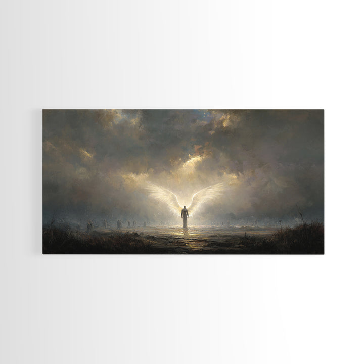 Radiant Angel In Storm Wall Art, Dark Fantasy Spiritual Canvas Print, Moody Religious Decor For Prayer Room And Bedroom Decor