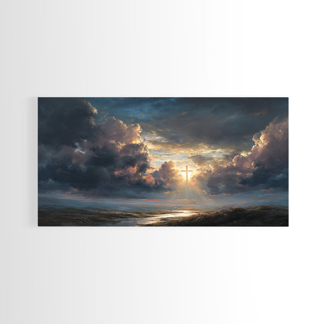 Radiant Cross In Storm Clouds Wall Art, Christian Landscape Canvas Print, Inspirational Faith Decor, Spiritual Sky Art Print