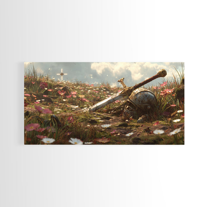 Flowered Battlefield Sword And Helmet Canvas Print, Fantasy Art, Knight Wall Decor, Gothic Gift For Him, Large Wall Art Print