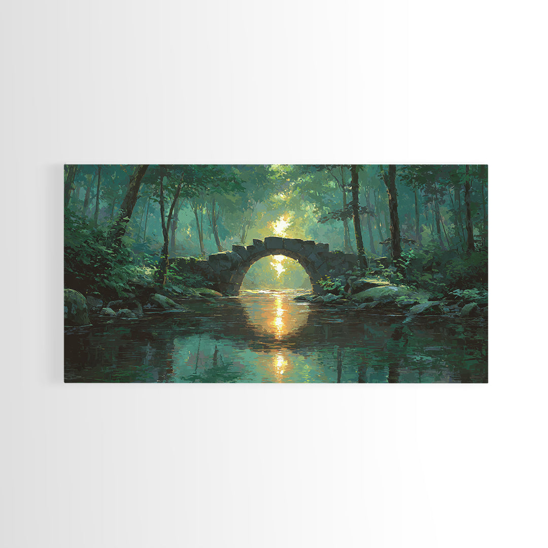Sunlit Stone Bridge Over Forest River Canvas Print, Tranquil Landscape Wall Art, Japandi Nature Decor, Calming Home Gift