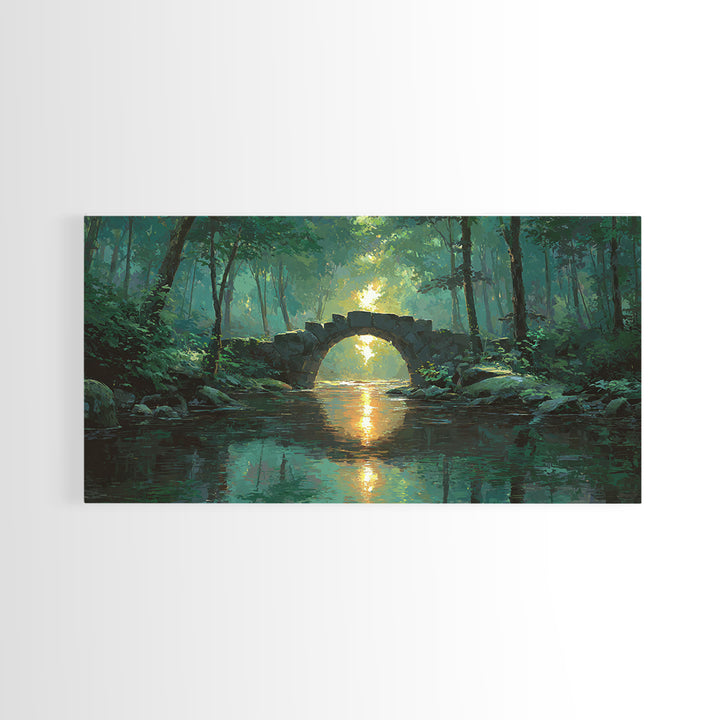 Sunlit Stone Bridge Over Forest River Canvas Print, Tranquil Landscape Wall Art, Japandi Nature Decor, Calming Home Gift