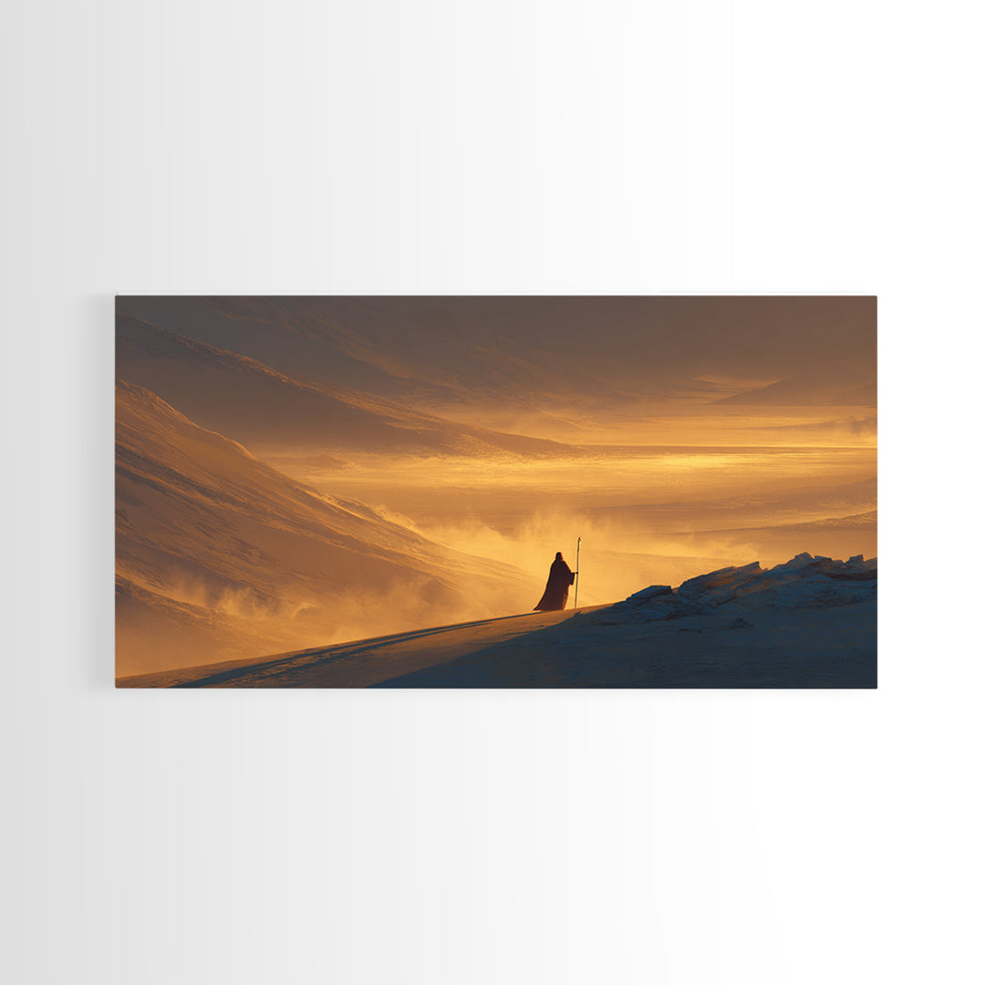 Lone Traveler In Golden Snowy Mountains Canvas Print, Epic Sunset Landscape Wall Art, Rustic Adventure Home Decor Gift For Him