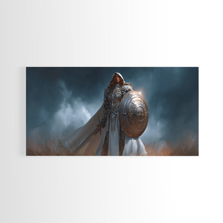 Armored Woman Warrior Framed Canvas Print, Fantasy Wall Art, Shield And Sword Decor, Strong Female Hero, Gamer Gift For Her