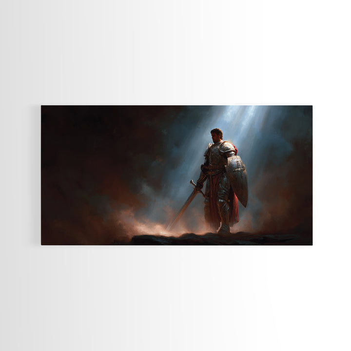 Armored Knight In Dramatic Light Canvas Print, Dark Fantasy Wall Art, Medieval Warrior Decor, Gothic Gift For Him, Game Room Art
