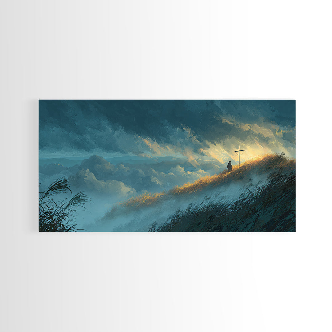 Sunlit Mountain Hill With Lone Cross Wall Art, Spiritual Landscape Canvas Print, Christian Decor, Calming Nature Art For Bedroom
