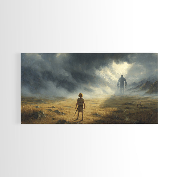 Child Facing Giant In Stormy Valley Wall Art, Fantasy Landscape Canvas Print, Moody Adventure Decor, Dark Surreal Gift For Him