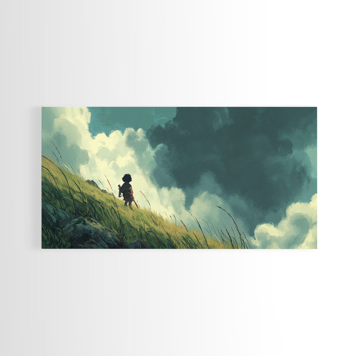 Child On Windswept Grassy Hill Wall Art, Dramatic Cloud Landscape, Whimsical Nursery Decor, Fantasy Adventure Canvas Print