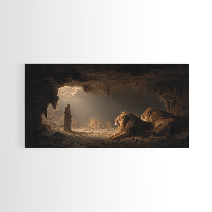 Daniel In The Lions Den Wall Art, Biblical Fantasy Canvas Print, Dramatic Cave Painting, Christian Home Decor Inspirational Gift