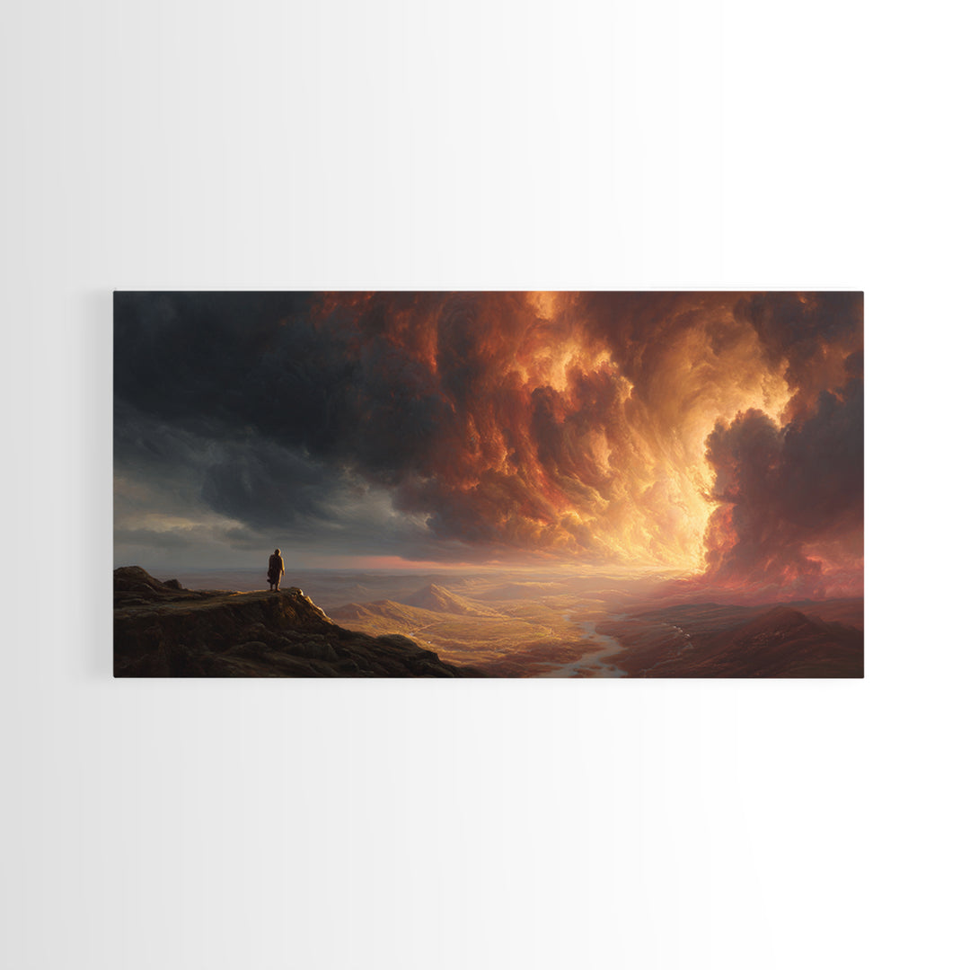 Lone Traveler Storm Valley Wall Art, Dramatic Sunset Landscape Canvas Print, Moody Mountain Decor, Fantasy Fine Art Print