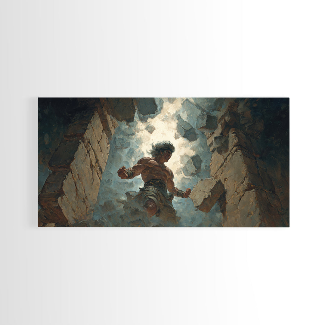 Mighty Warrior Breaking Stone Wall Art, Dramatic Fantasy Canvas Print, Epic Battle Decor For Game Room Or Man Cave Wall Decor