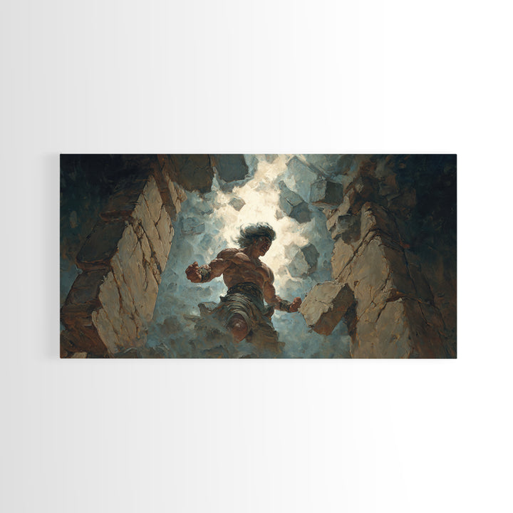 Mighty Warrior Breaking Stone Wall Art, Dramatic Fantasy Canvas Print, Epic Battle Decor For Game Room Or Man Cave Wall Decor