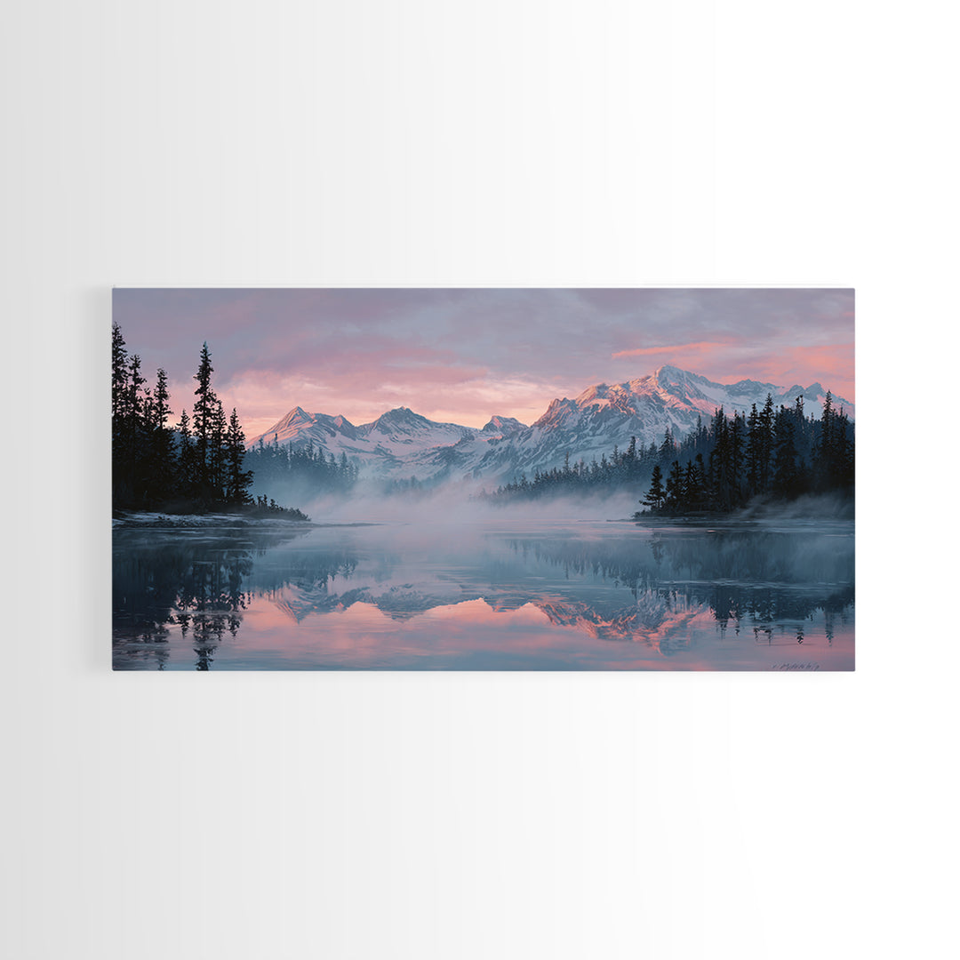 Pink Alpine Mountain Lake Wall Art, Misty Forest Landscape Canvas Print, Nature Decor, Large Wall Art For Living Room Decor