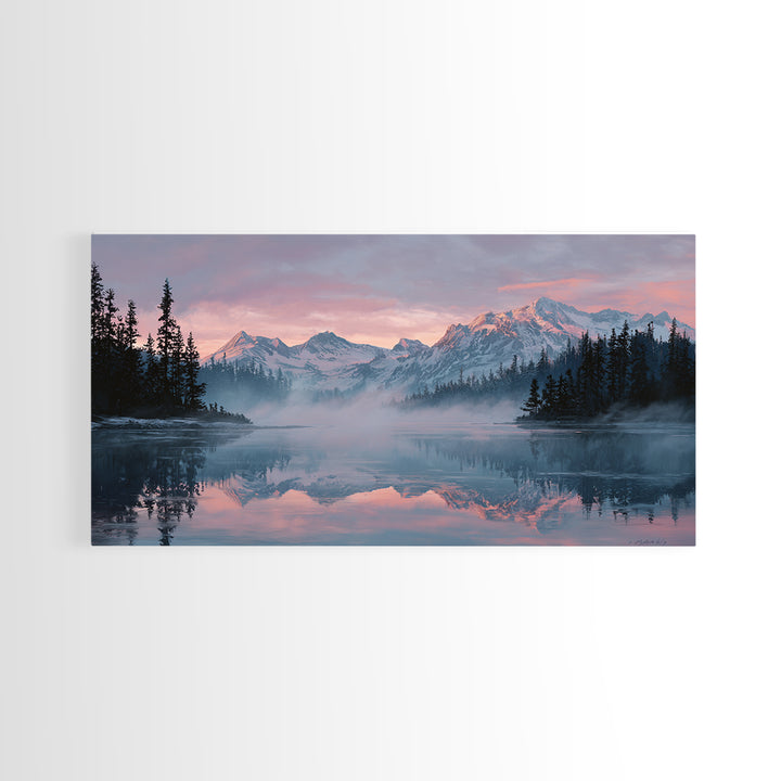Pink Alpine Mountain Lake Wall Art, Misty Forest Landscape Canvas Print, Nature Decor, Large Wall Art For Living Room Decor