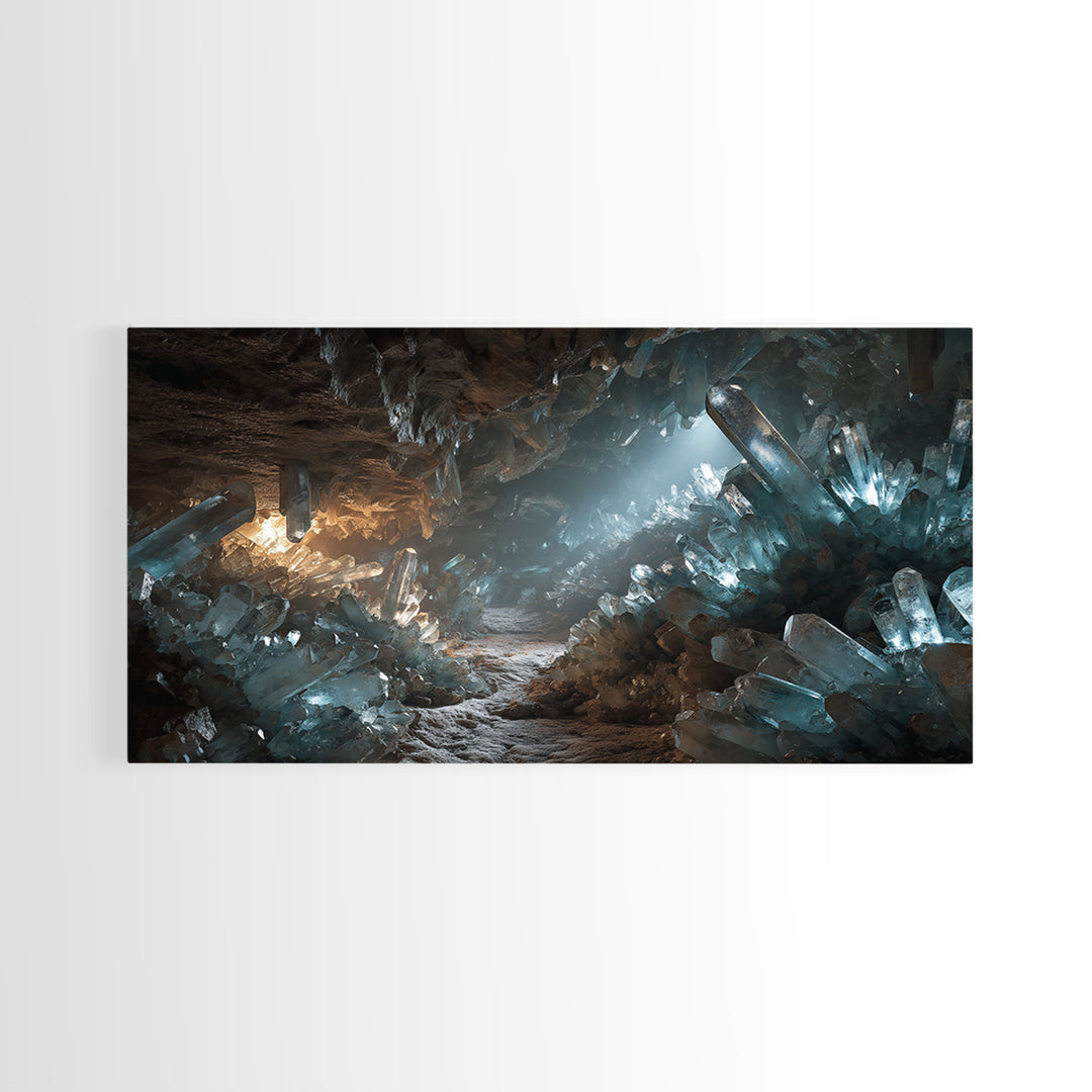 Glowing Crystal Cave Fantasy Canvas Print, Blue Quartz Cavern Wall Decor, Mystical Landscape Art, Unique Gamer Room Gift