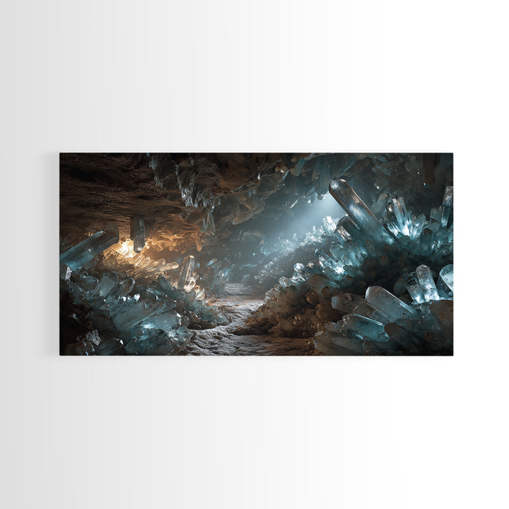 Glowing Crystal Cave Fantasy Canvas Print, Blue Quartz Cavern Wall Decor, Mystical Landscape Art, Unique Gamer Room Gift