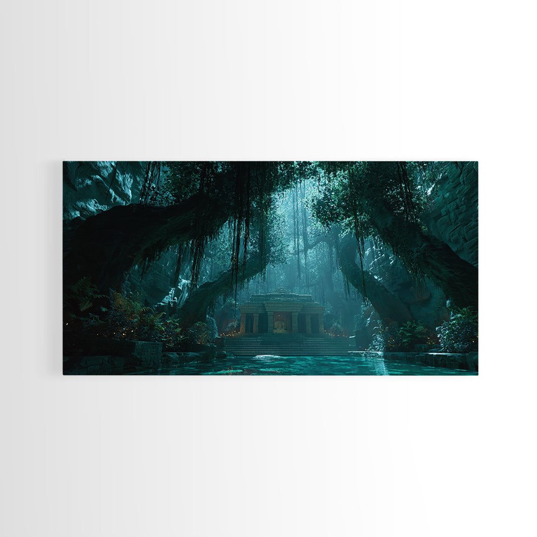 Teal Jungle Temple Cave With Waterfall Wall Art, Fantasy Canvas Print, Moody Nature Decor, Zen Home Decor, Unique Gift For Her