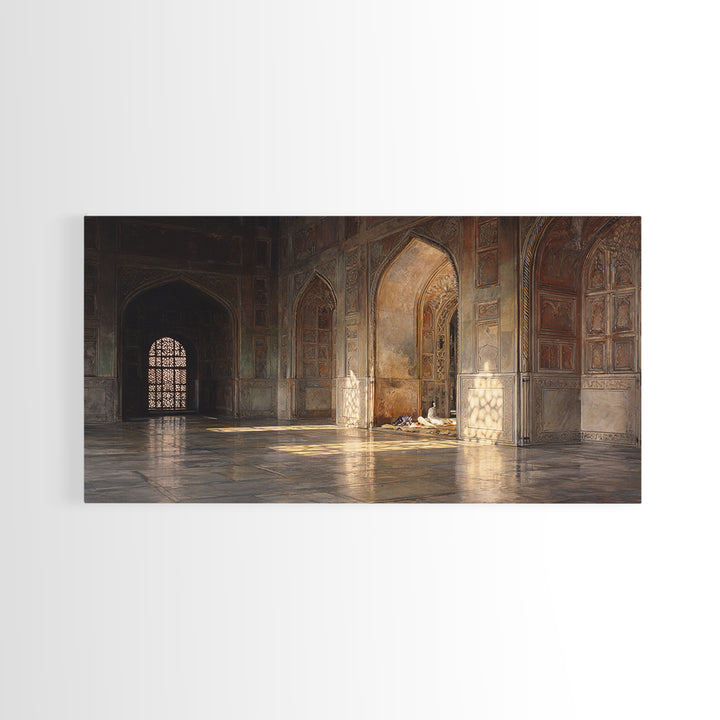 Sunlit Islamic Architecture Wall Art, Historic Mosque Interior Canvas Print, Moroccan Arches Decor, Prayer Room Gift For Home