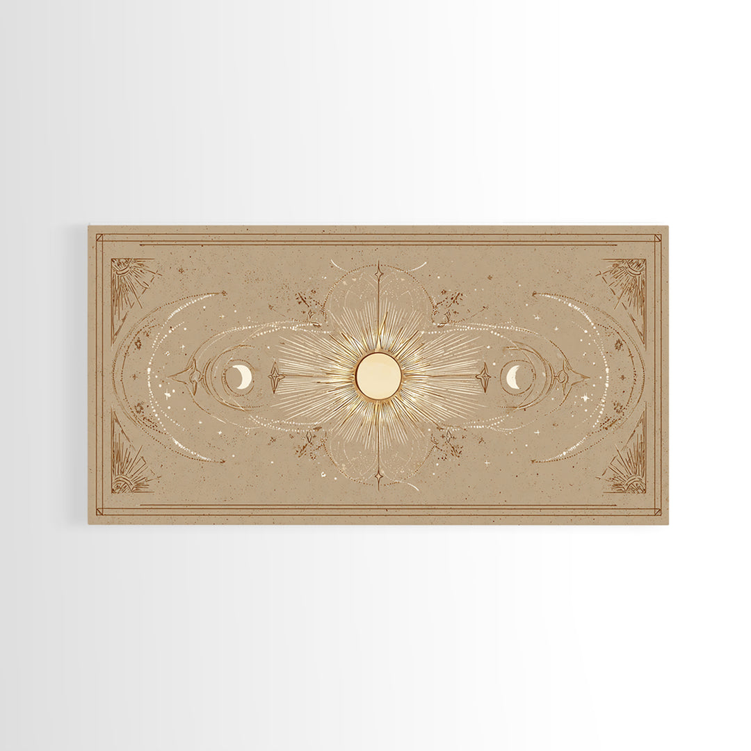 Celestial Sun And Moon Wall Art, Gold Mystic Canvas Print, Boho Astrology Decor, Neutral Bedroom Above Bed Wall Decor, Housewarming Gift
