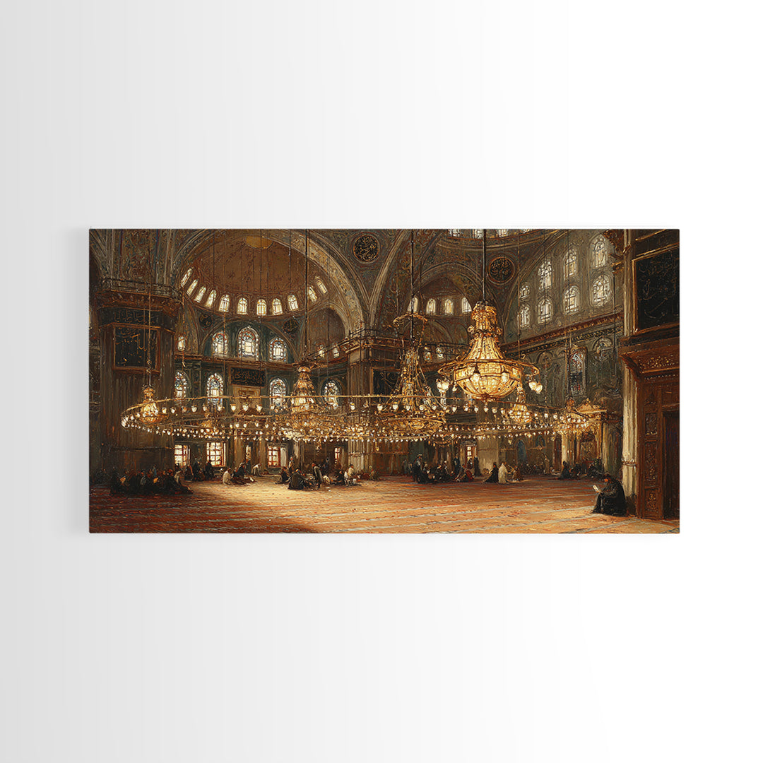 Ornate Mosque Interior With Golden Chandeliers Framed Canvas Print, Islamic Architecture Wall Art, Elegant Ramadan Decor