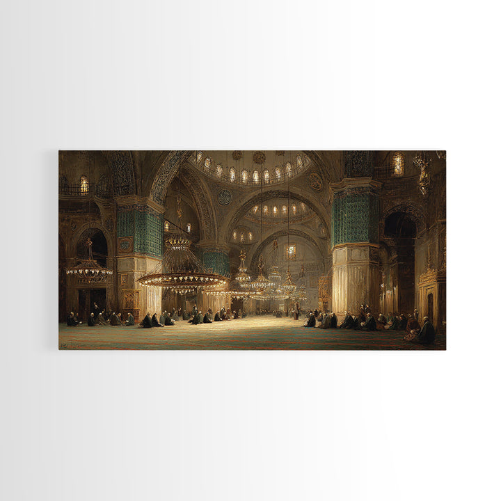 Golden Mosque Interior Prayer Hall Wall Art, Islamic Architecture Framed Canvas Print, Spiritual Decor, Eid Housewarming Gift