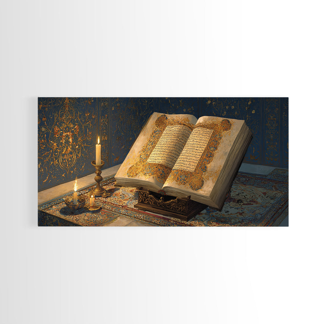 Open Quran With Candlelight Wall Art, Islamic Calligraphy Canvas Print, Arabic Scripture Decor, Ramadan Prayer Room Art Print