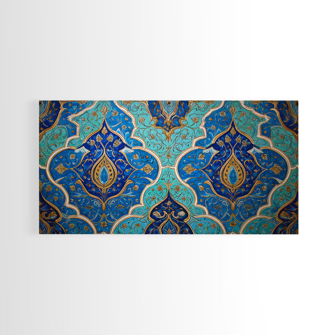 Blue Gold Moroccan Tile Pattern Wall Art, Islamic Home Decor, Boho Wall Decor, Geometric Art, Luxury Statement Artwork Gift