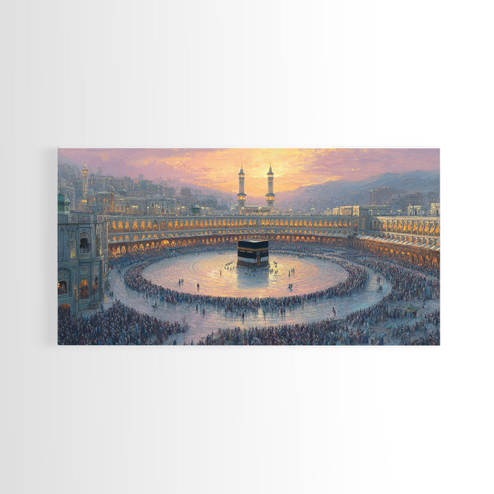 Sunset Kaaba Pilgrimage At Mecca Framed Canvas Print, Islamic Wall Art, Muslim Home Decor, Spiritual Gift, Prayer Room Decor